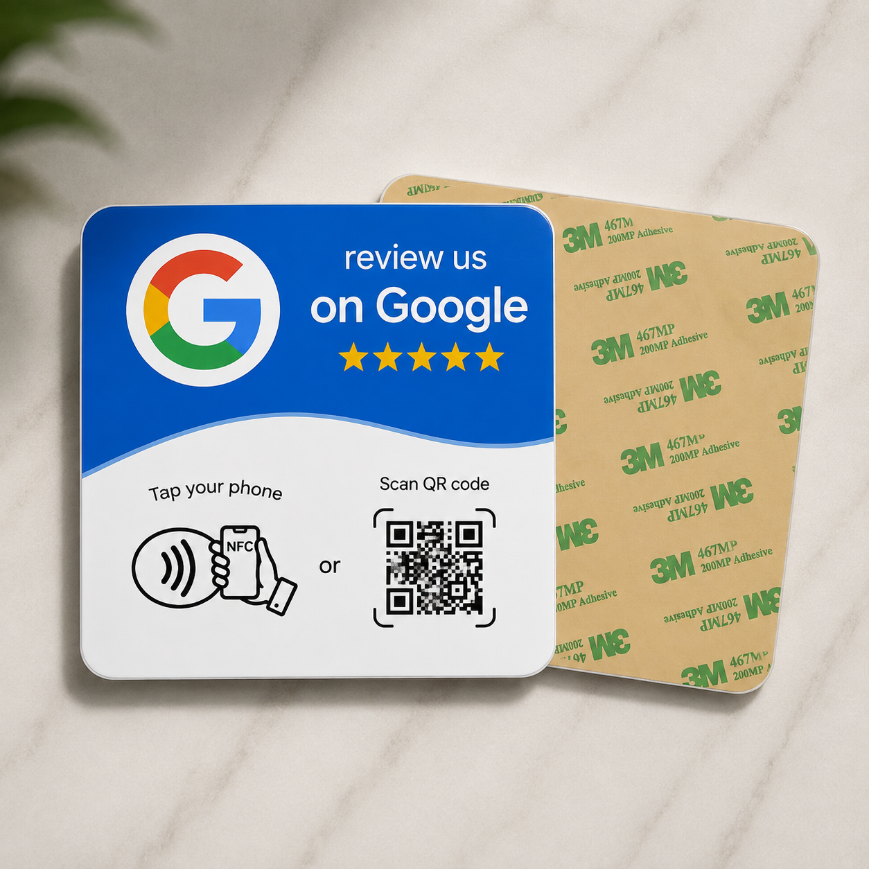 VouchForYa plaque shown from the front with its 3M adhesive backing behind it