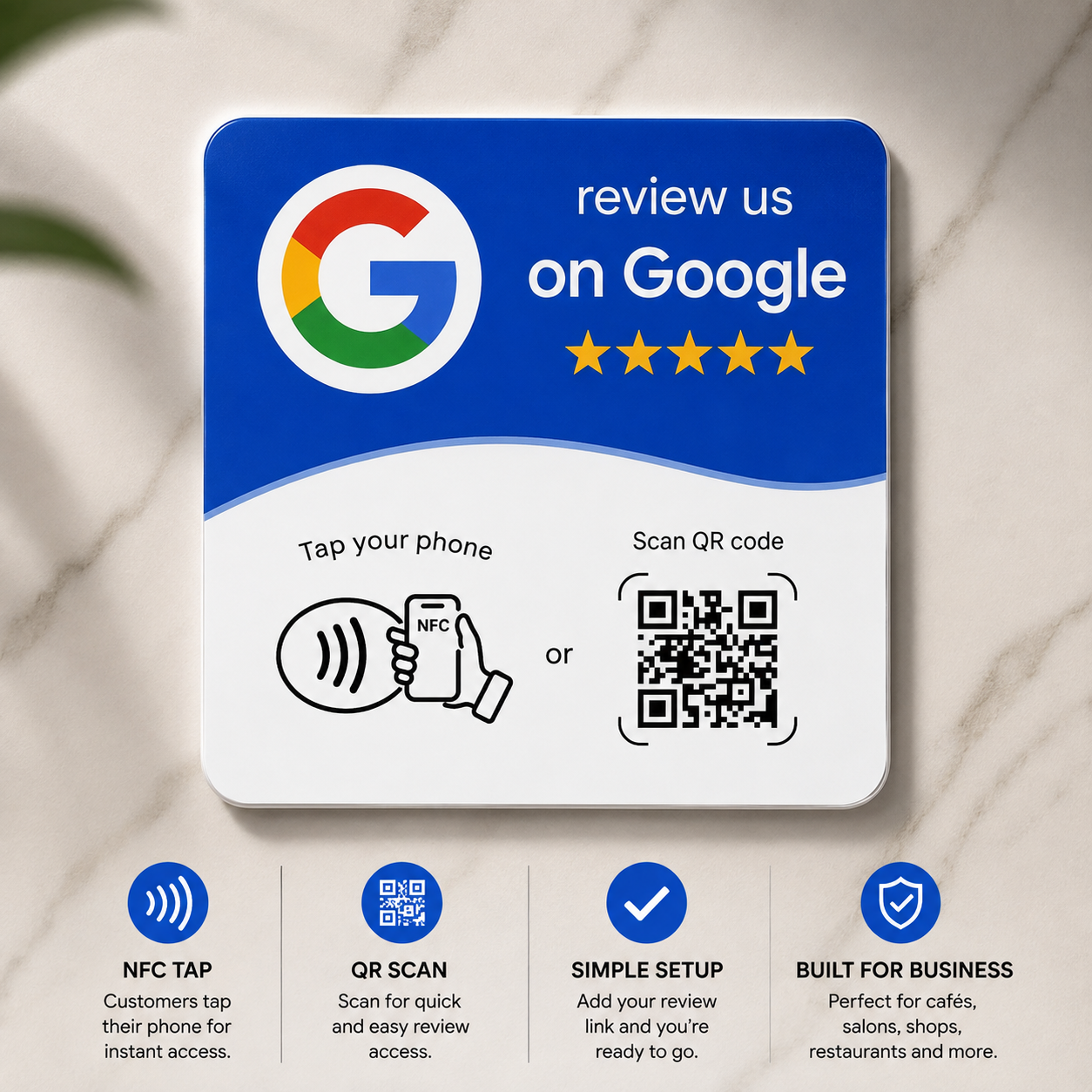 VouchForYa Google Review NFC plaque with icons for NFC tap, QR scan, simple setup and business use